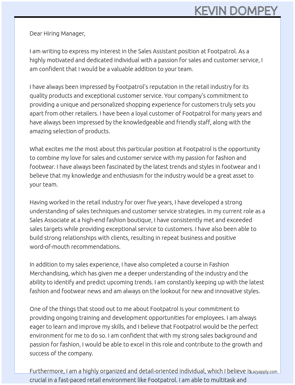 Sales assistant  At Footpatrol Cover Letter