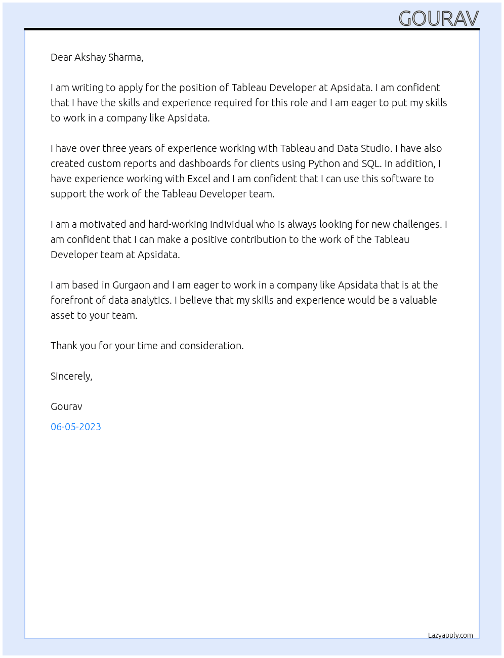  Tableau Developer  At Apsidata Cover Letter