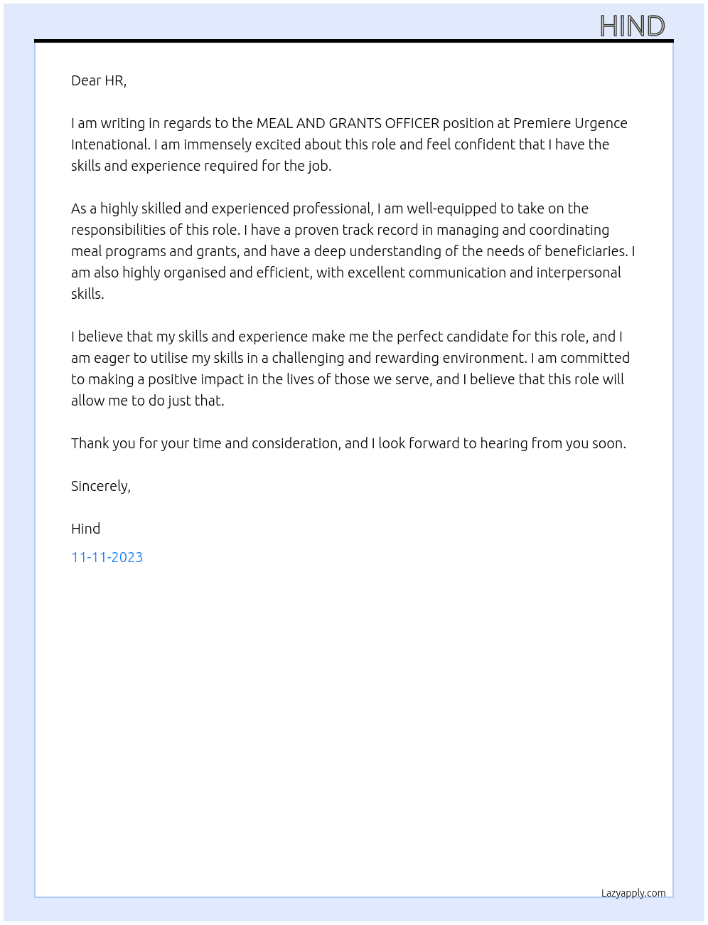 MEAL AND GRANTS OFFICER At Premiere Urgence Intenational Cover Letter