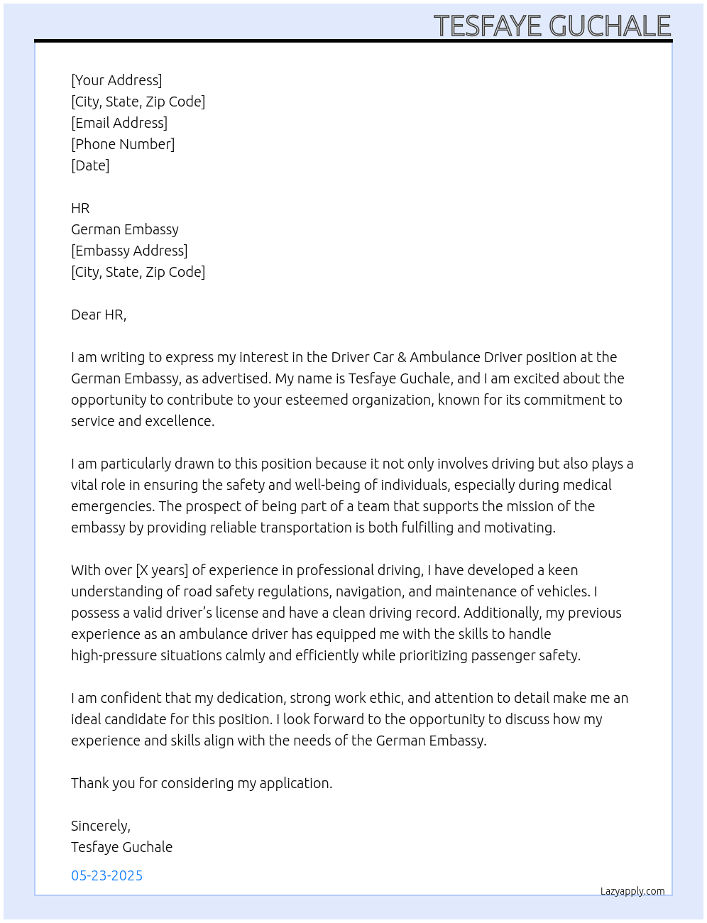 Driver Car & Ambulance Driver  At German Embassy  Cover Letter