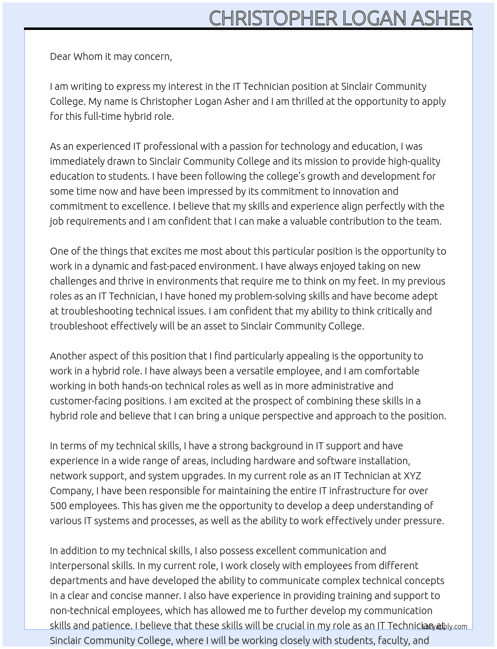 IT Technician At Sinclair Community College Cover Letter