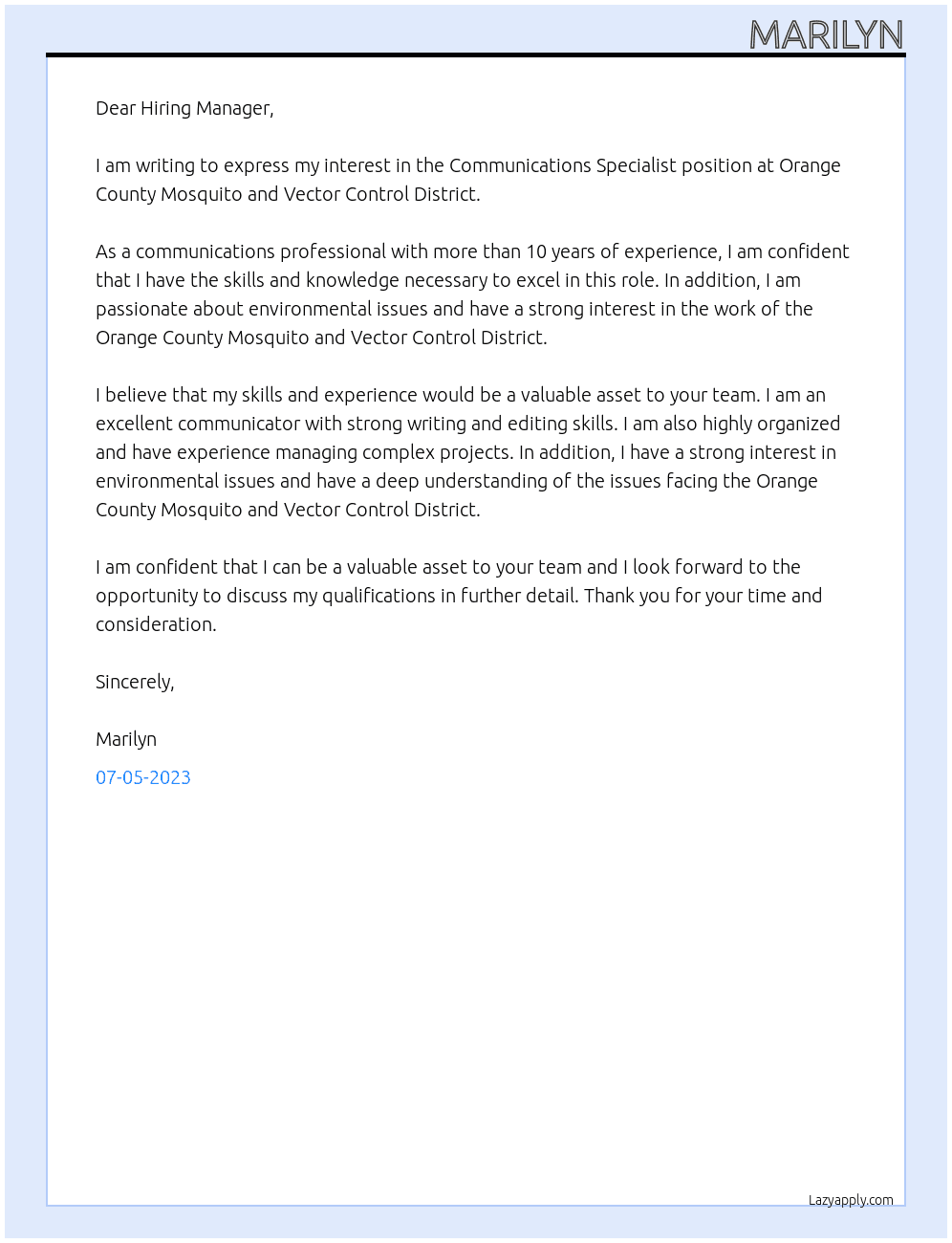 Communications Specialist At Orange County Mosquito and Vector Control District Cover Letter