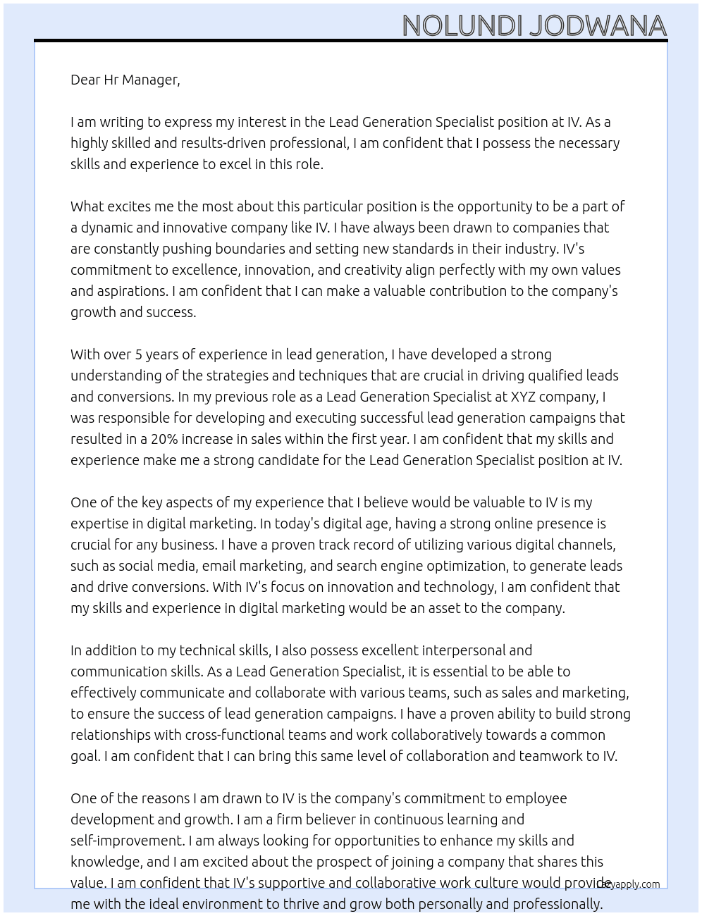Lead Generation Specialist  At IV Cover Letter