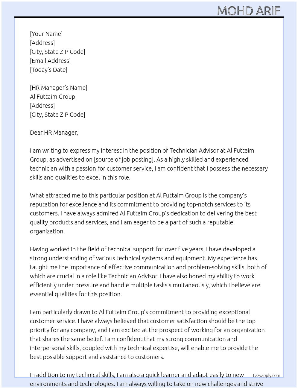 Technician Advisor  At Al Futtaim Group  Cover Letter