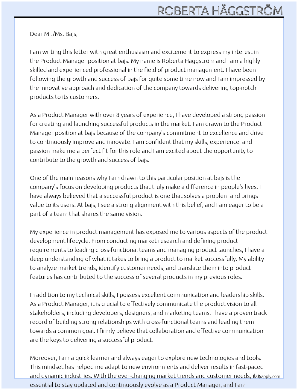 Product Manager At bajs Cover Letter