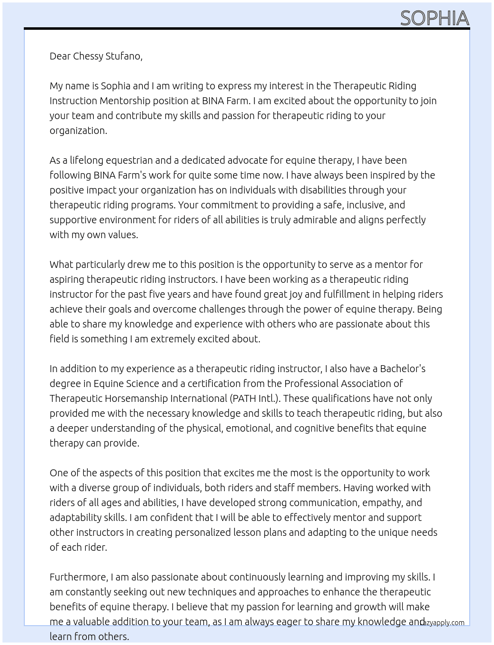 Therapeutic Riding Instruction Mentorship At BINA Farm Cover Letter
