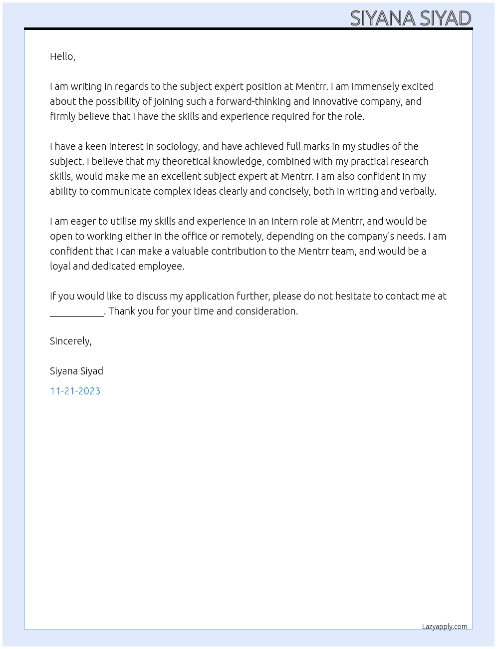 subject expert At mentrr Cover Letter