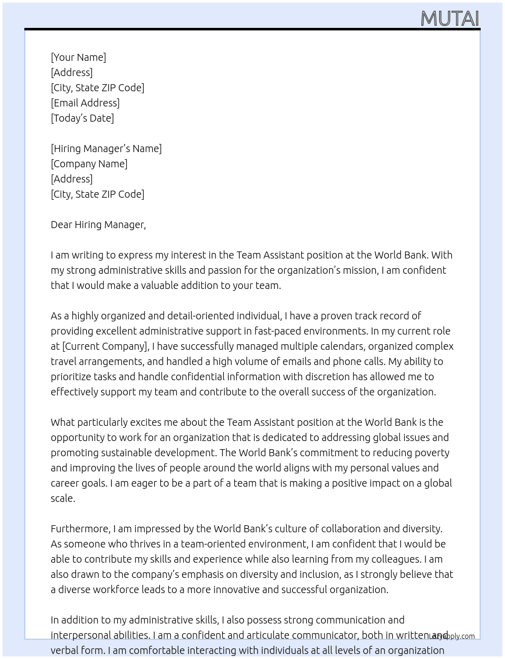 TEAM ASSISTANT At WORLD BANK Cover Letter