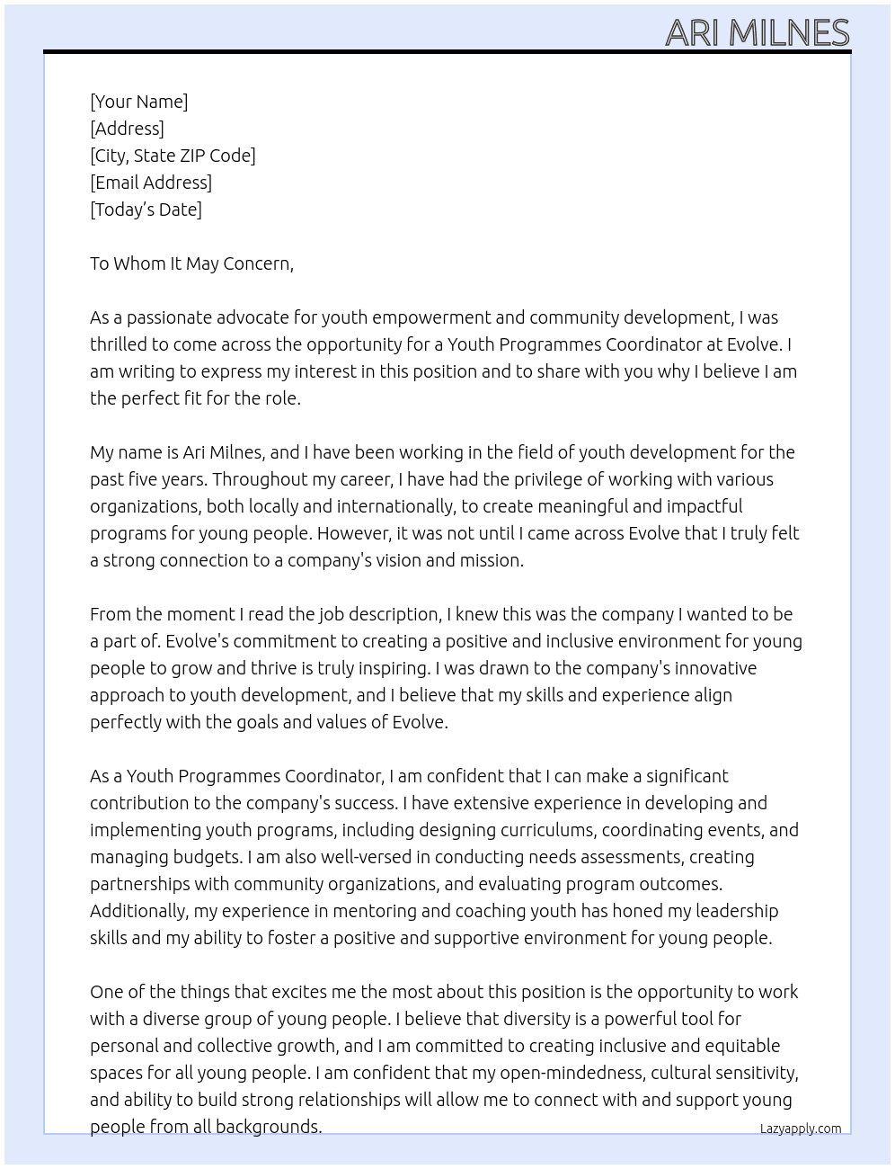 Youth Programmes Coordinator At Evolve Cover Letter