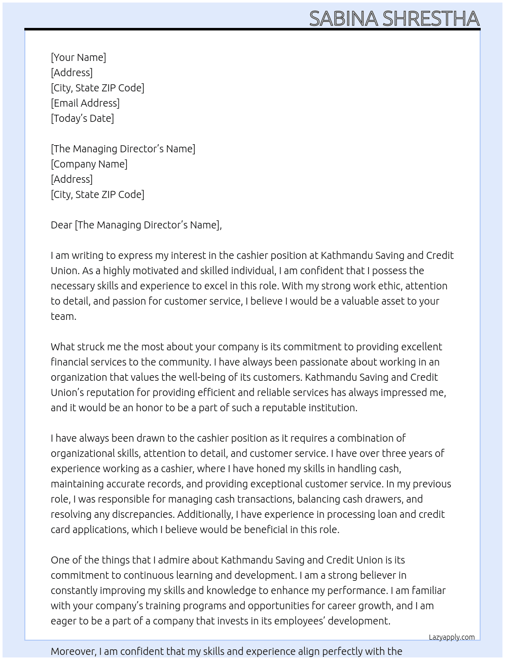 cashier At kathmandu saving and credit union Cover Letter