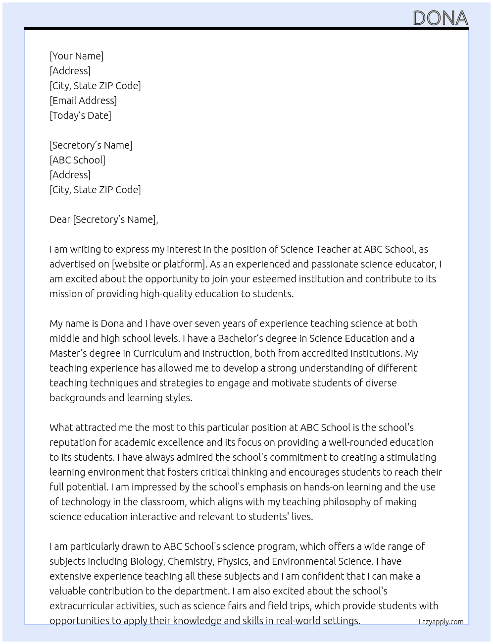 for science teacher recruitment At abc school Cover Letter