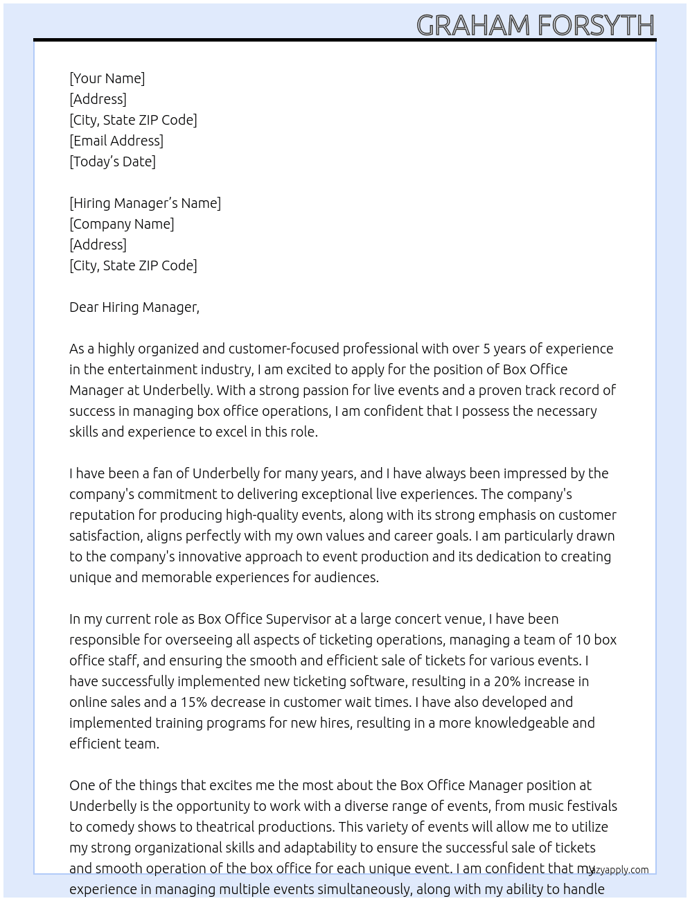 Box Office Manager At Underbelly  Cover Letter