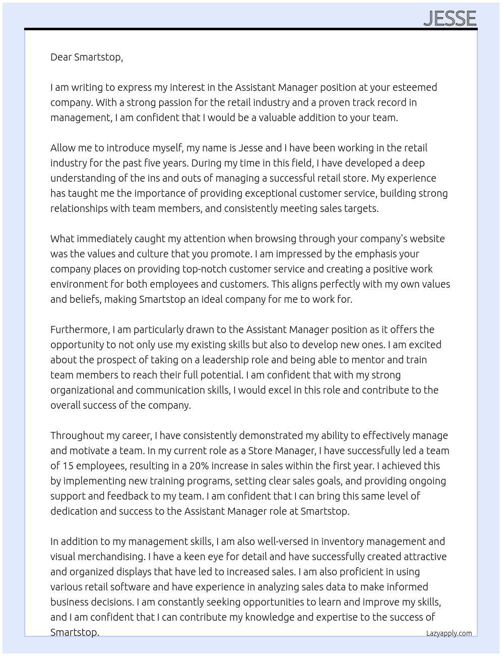 Assistant manager At Smartstop  Cover Letter