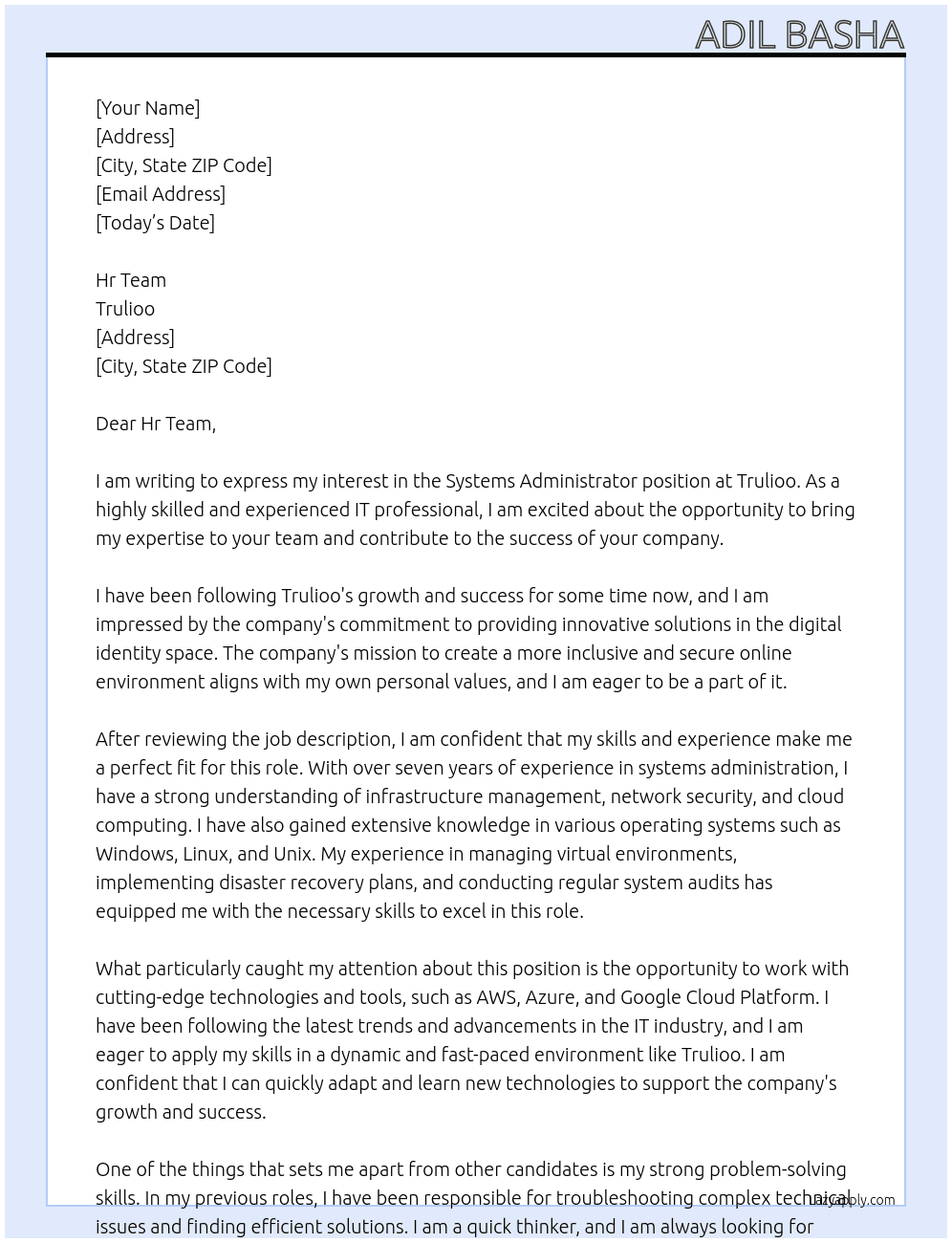 Systems Administrator At Trulioo Cover Letter
