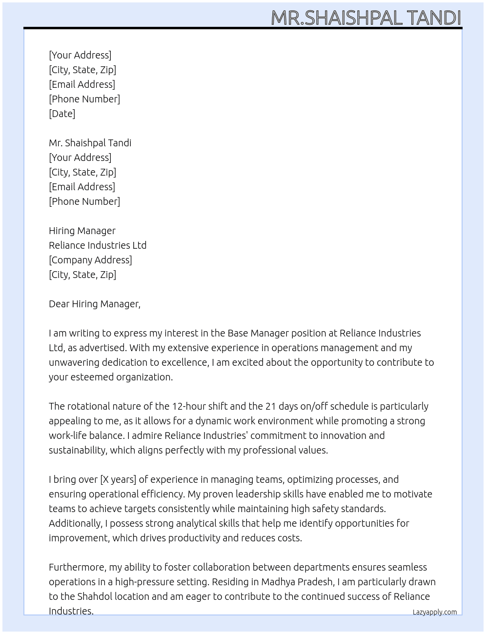 Cover letter for base manager - LazyApply