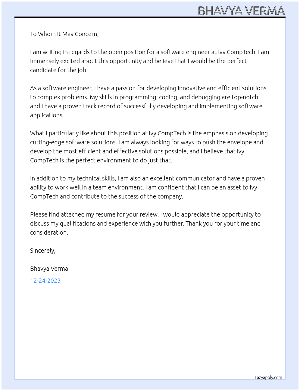 Software Engineering At Ivy CompTech Cover Letter