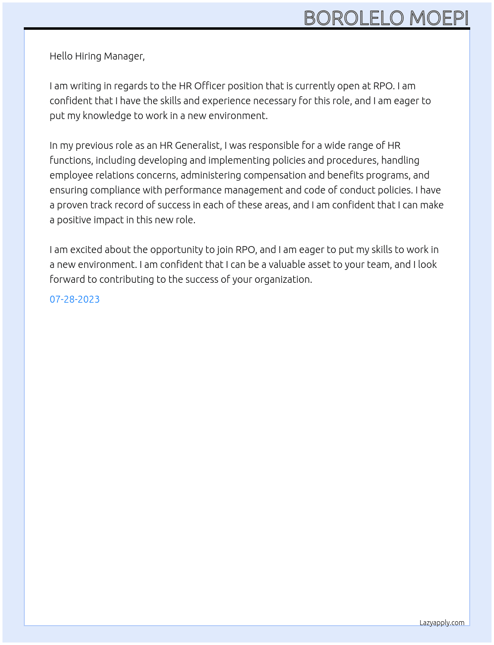 HR Officer At RPO Cover Letter
