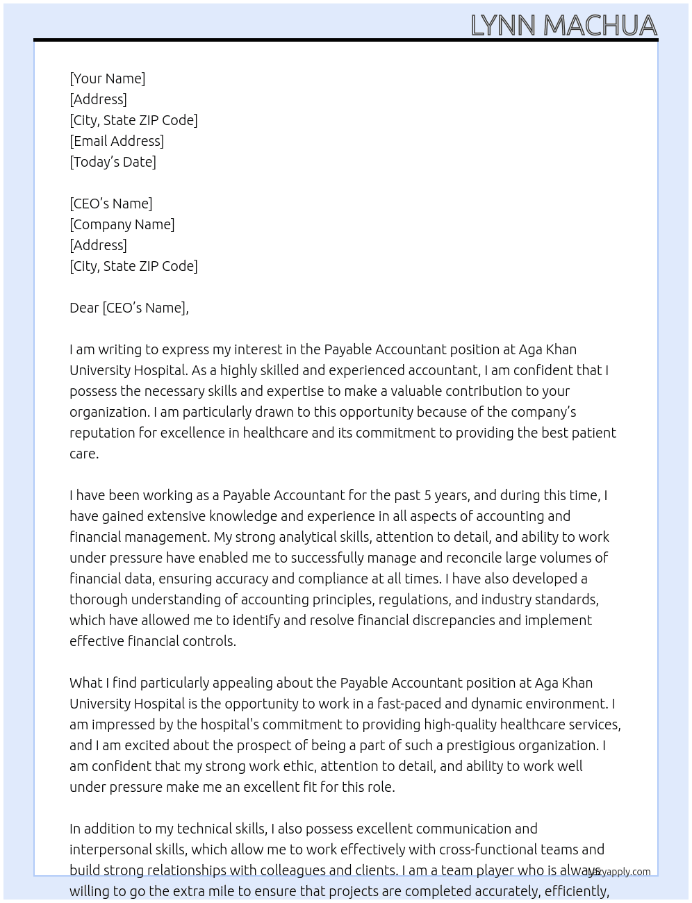Payable accountant  At Aga Khan University Hospital  Cover Letter