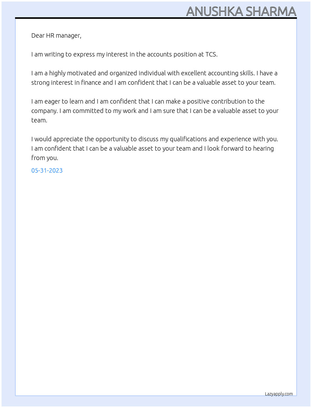 accounts At TCS Cover Letter