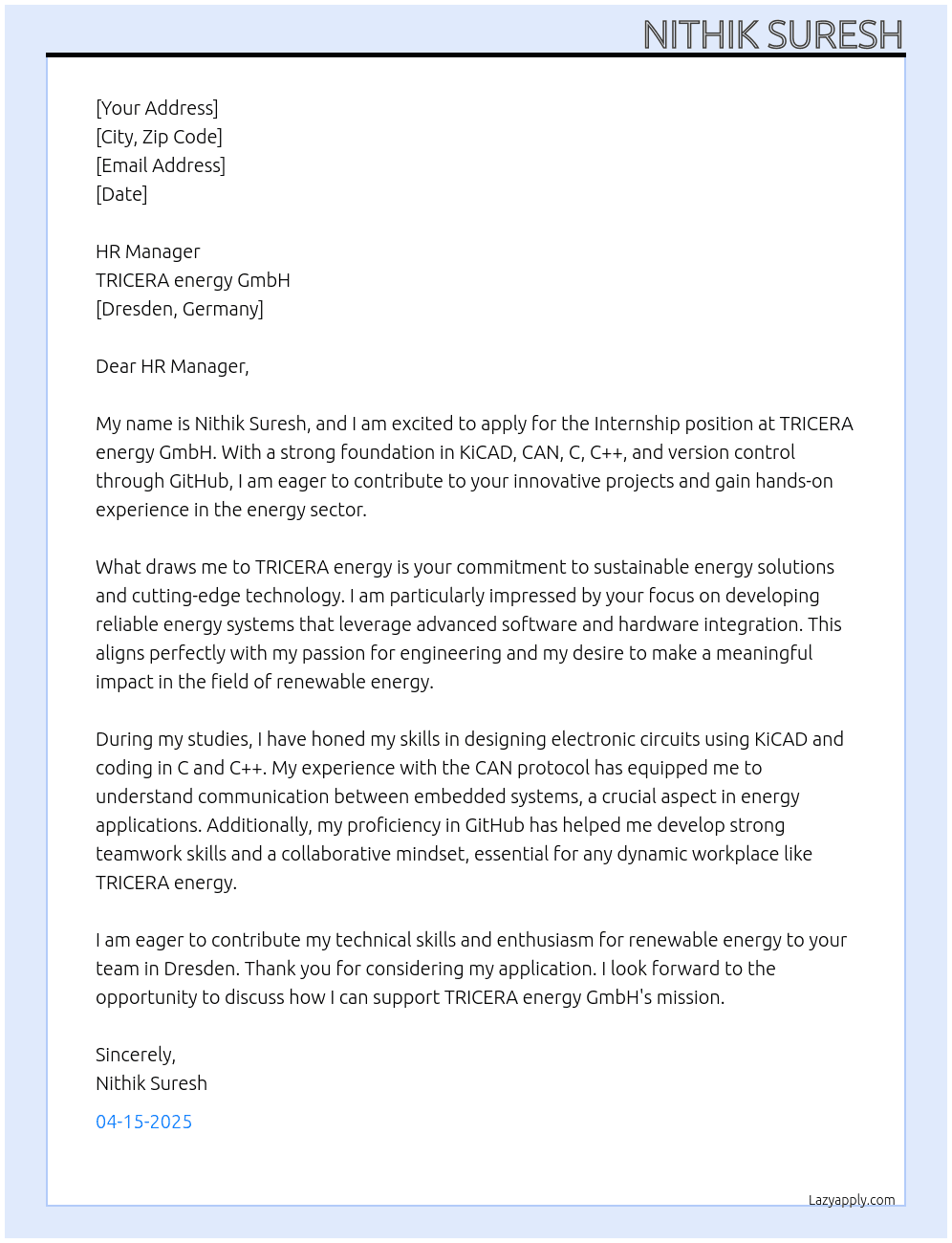 Internship At TRICERA energy GmbH Cover Letter