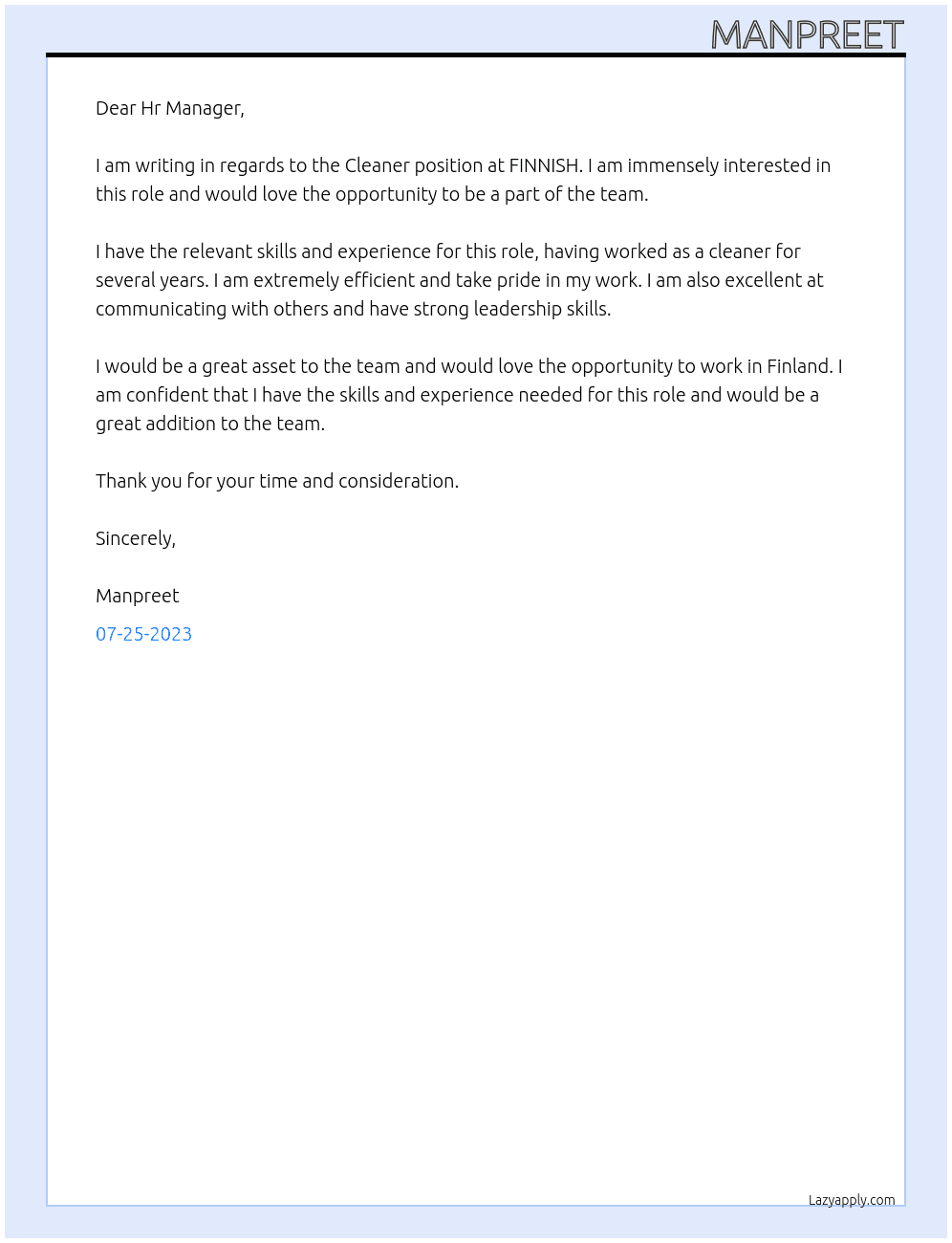 Cleaner At FINNISH Cover Letter