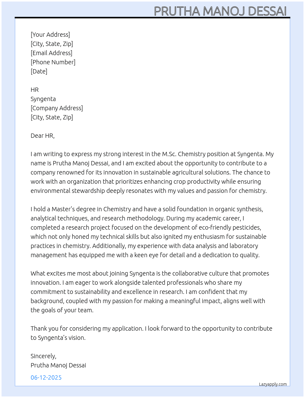 Msc chemistry  At Syngenta Cover Letter
