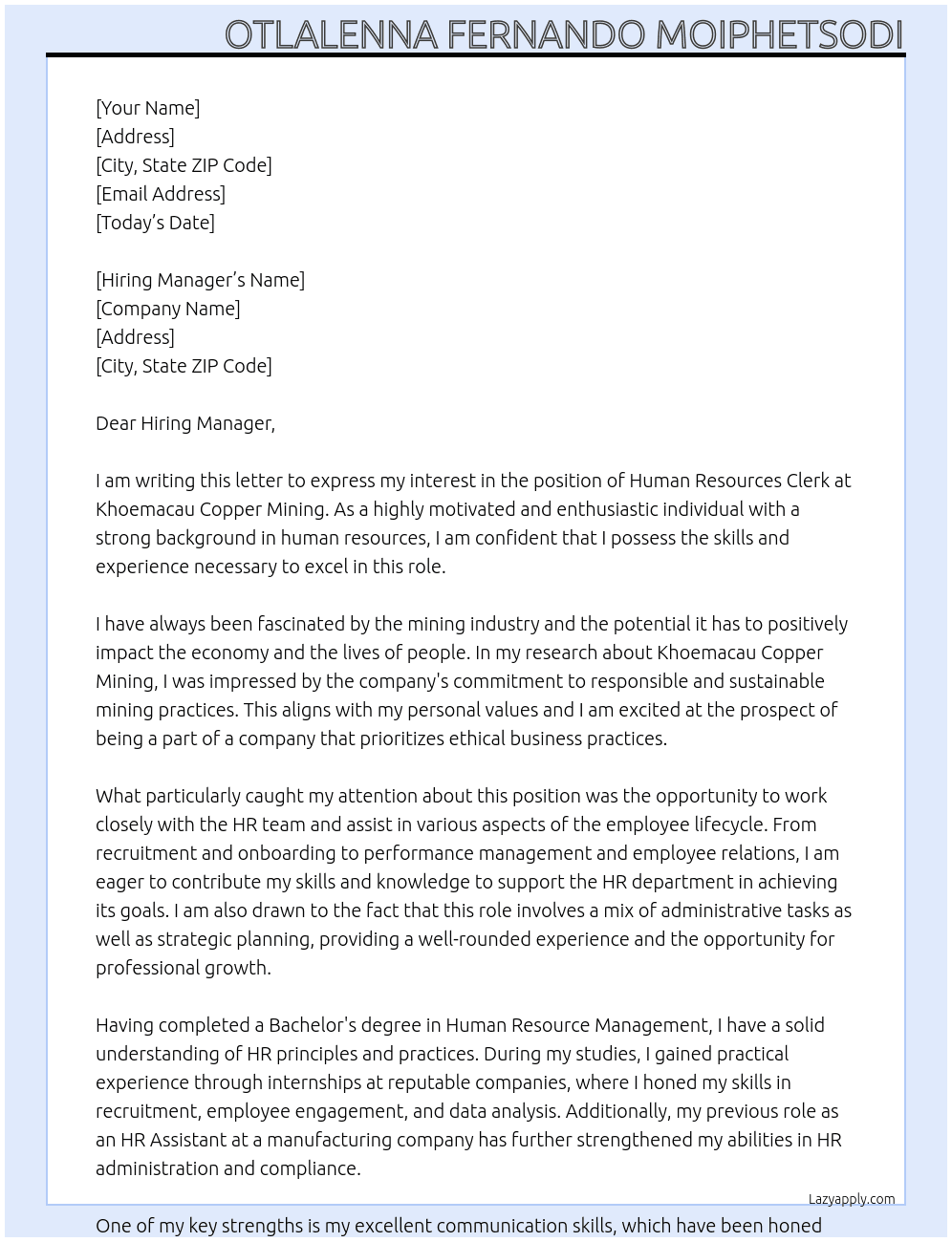 Human Resources Clerk At Khoemacau Copper Mining Cover Letter