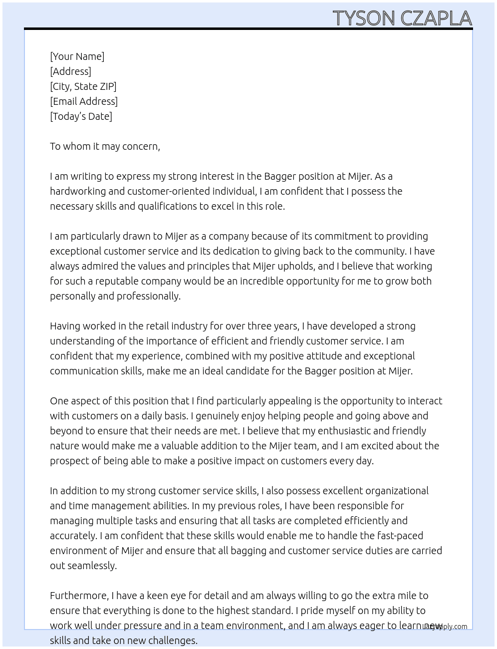 Bagger  At Mijer Cover Letter