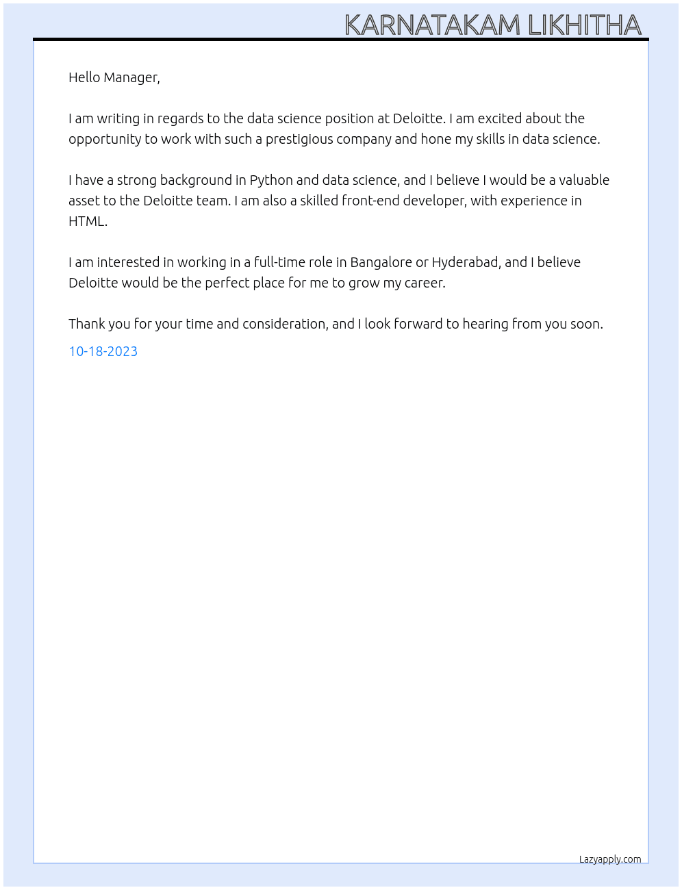 Data science  At Deloitte  Cover Letter
