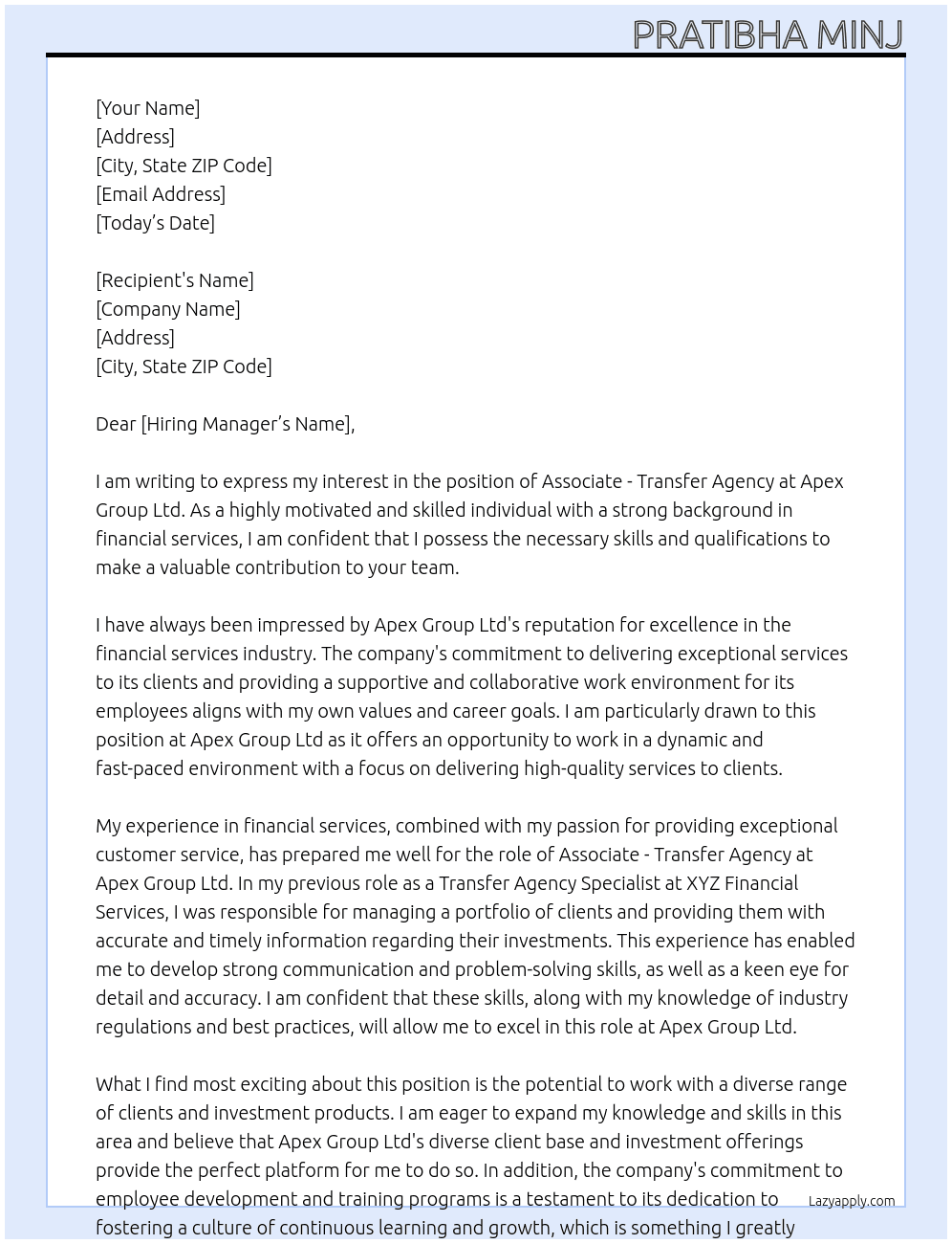 Associate - Transfer agency At Apex Group Ltd  Cover Letter