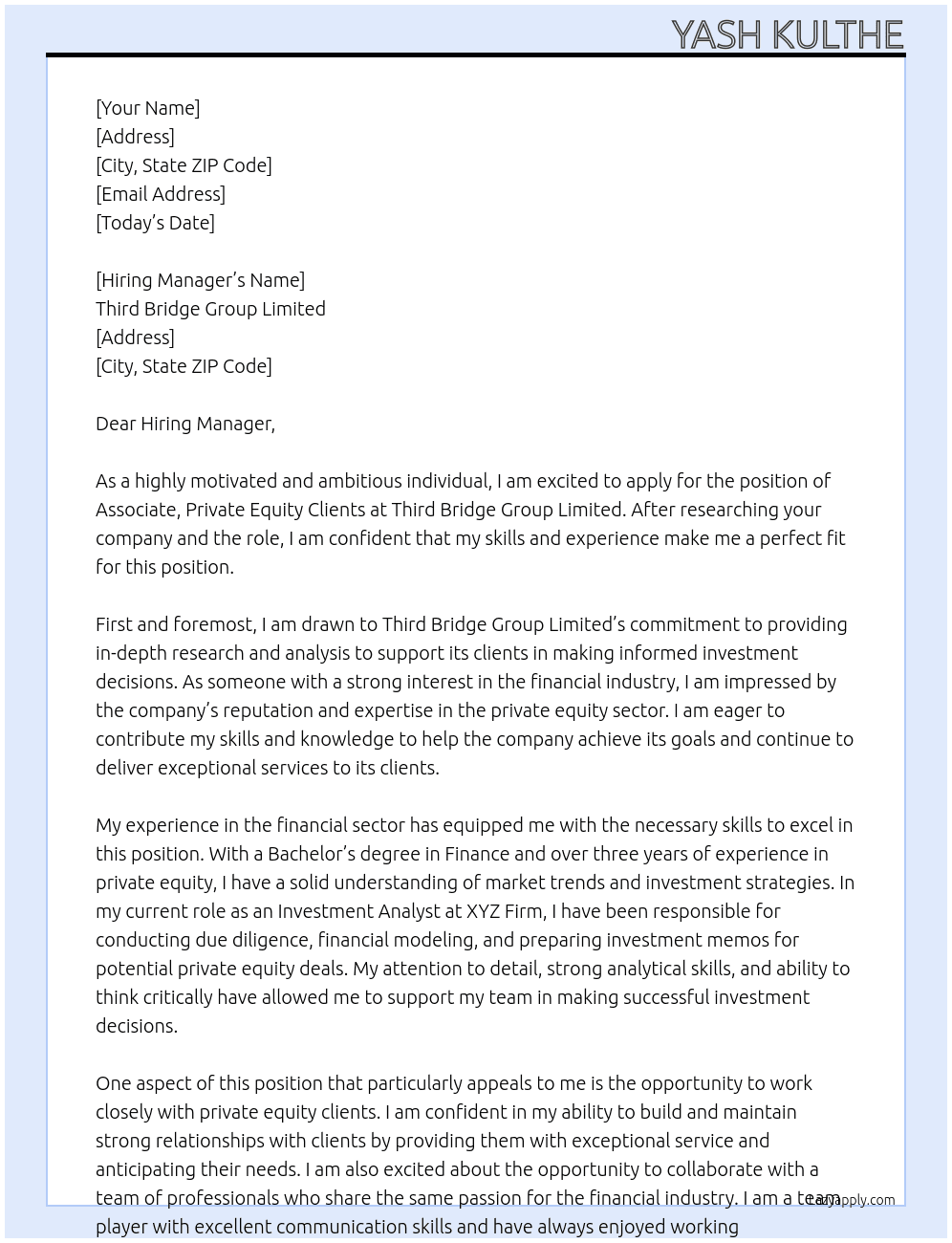 Associate, Private Equity Clients At Third Bridge Group Limited Cover Letter