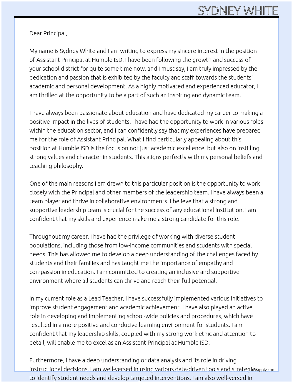 Assistant Principal At Humble ISD Cover Letter