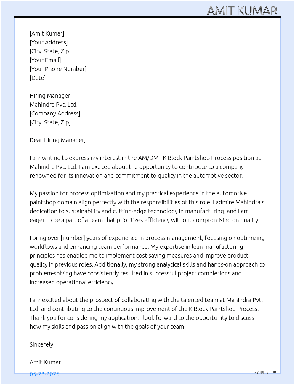 AM/DM- K block Paintshop Process At Mahindra.pvt.ltd Cover Letter