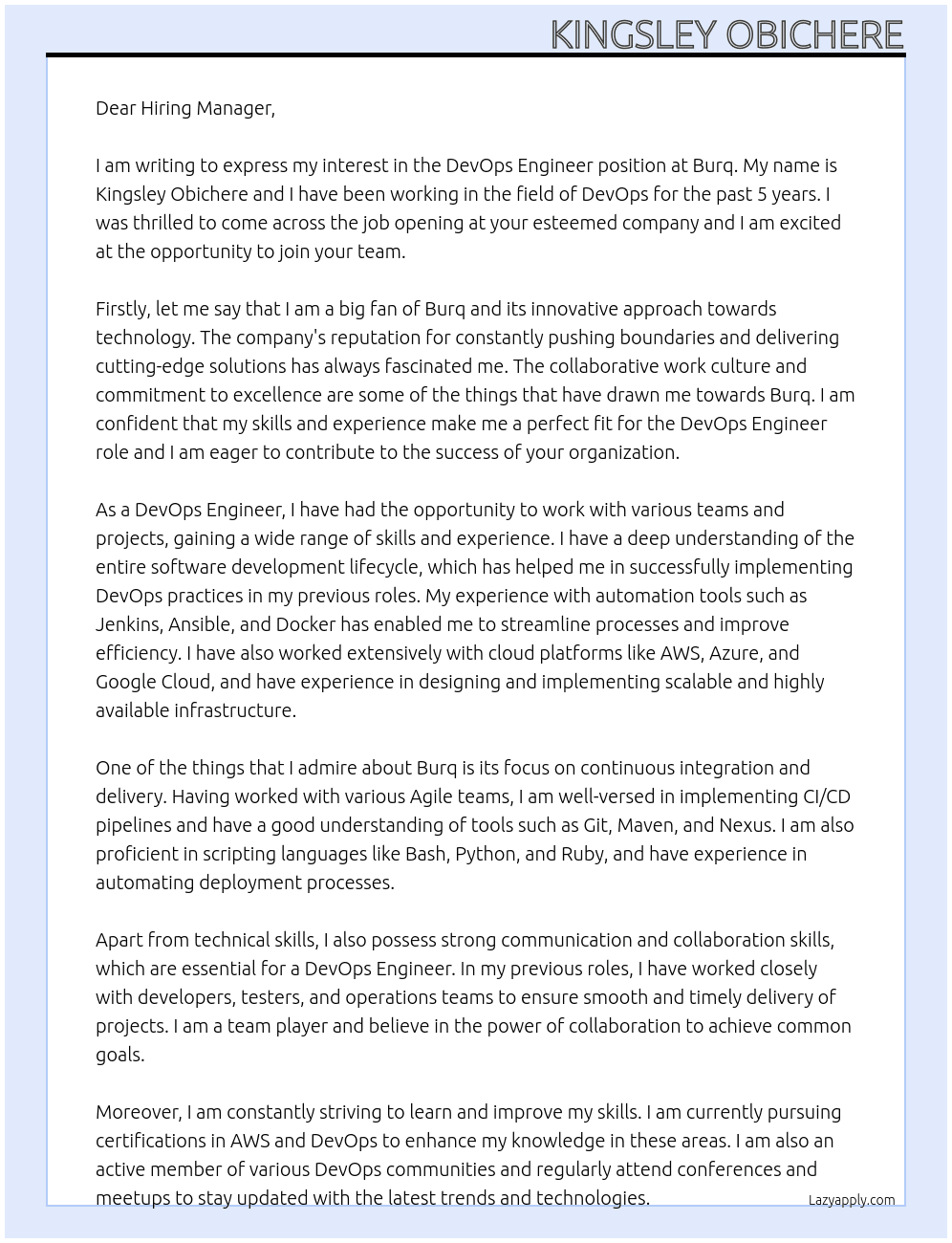 DevOps Engineer At Burq Cover Letter