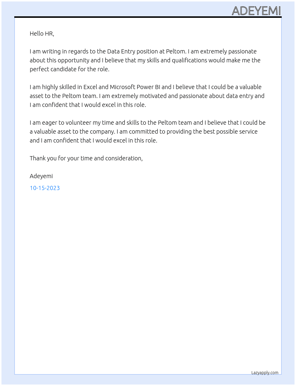 Data entry  At Peltom Cover Letter