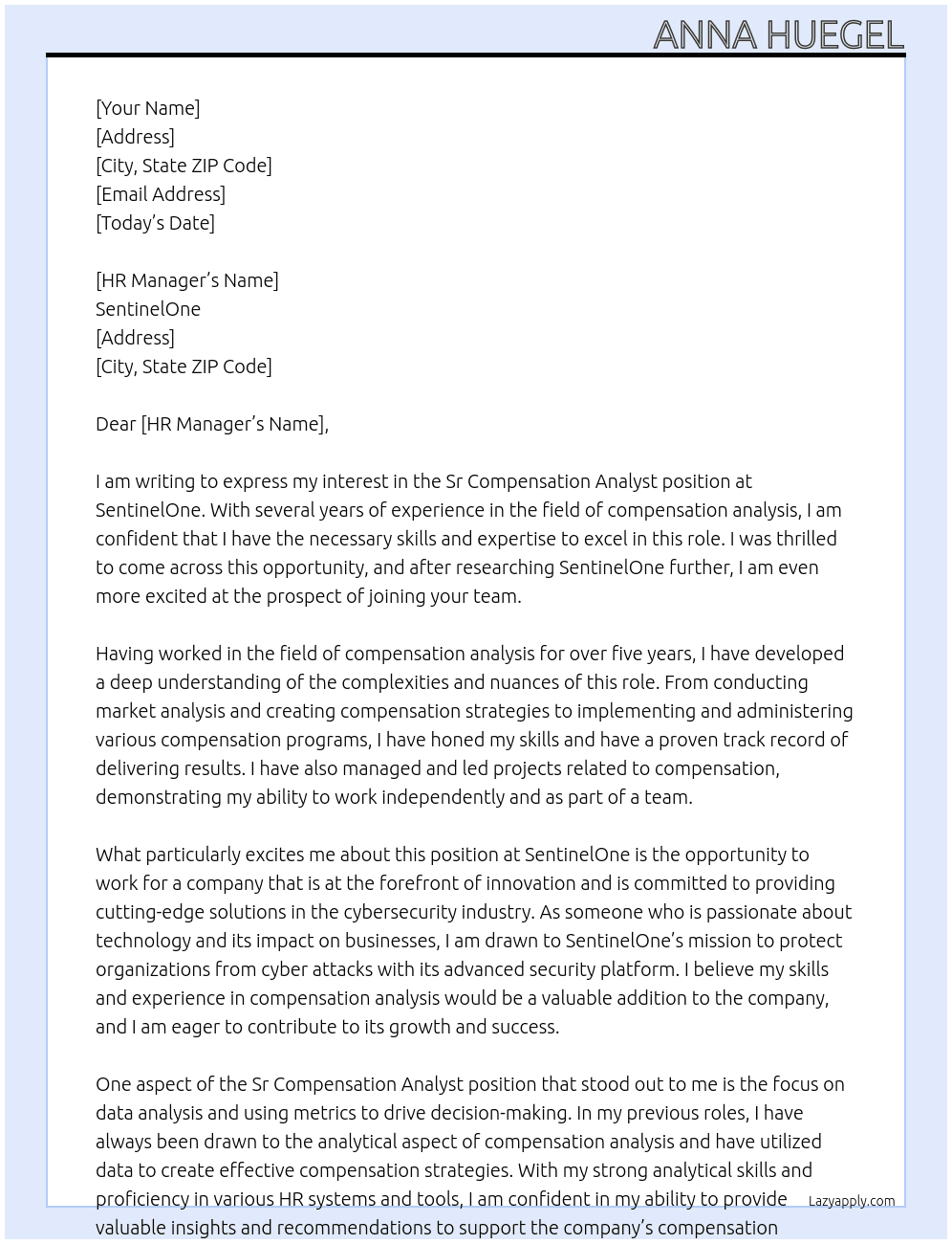 Sr Compensation Analyst At SentinelOne Cover Letter