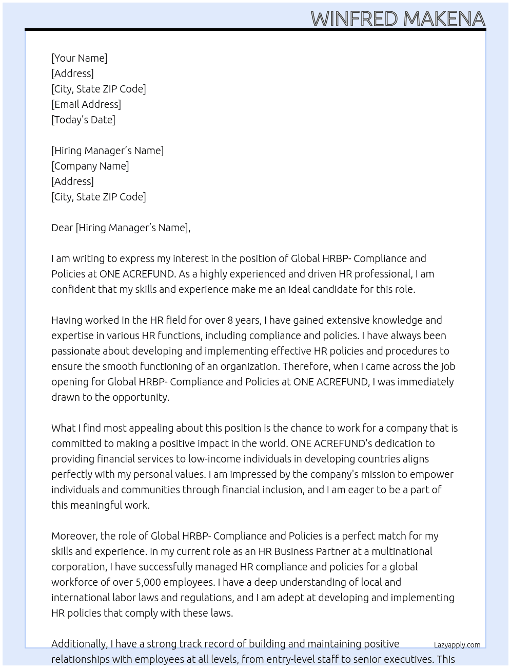 Global HRBP-compliance and Policies At ONE ACREFUND Cover Letter
