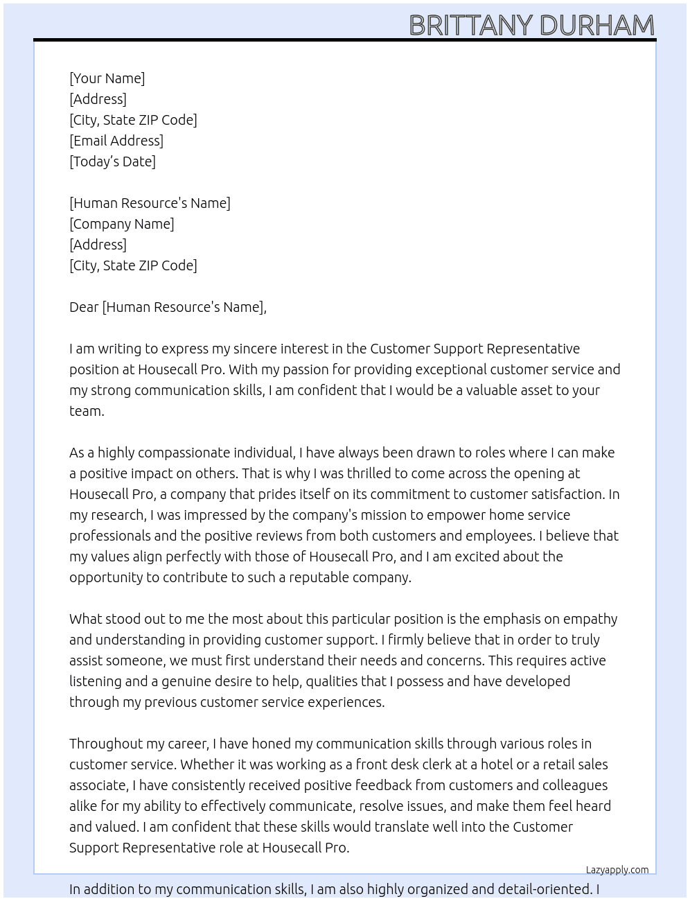 Customer Support Representative At Housecall Pro Cover Letter