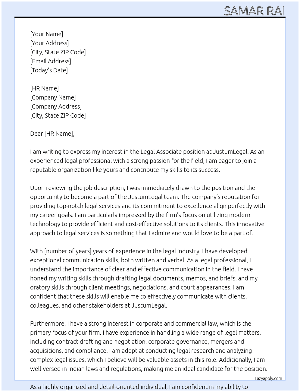 Legal associate At JustumLegal Cover Letter
