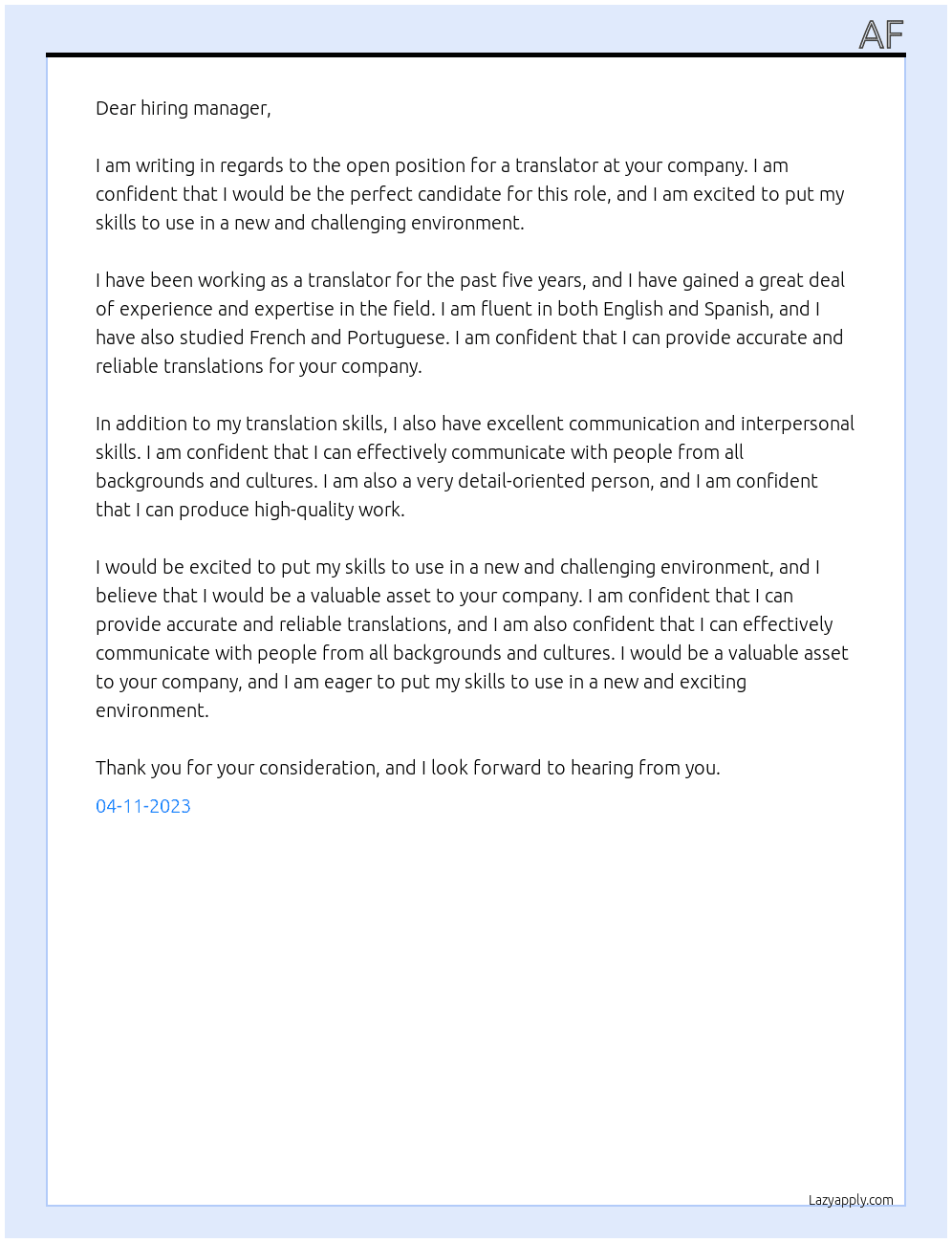 Translator At ad Cover Letter