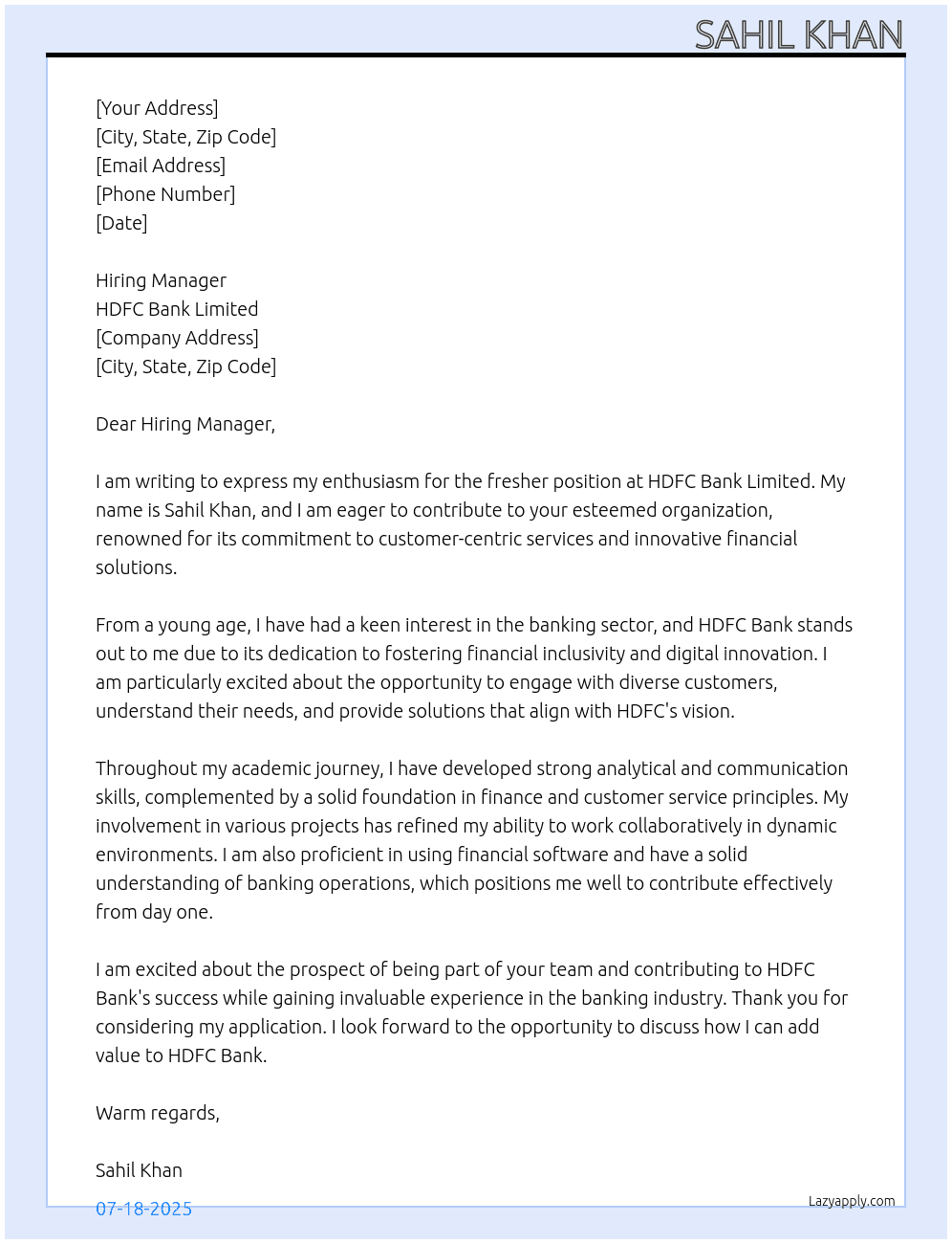 Fresher At HDFC Bank limited  Cover Letter