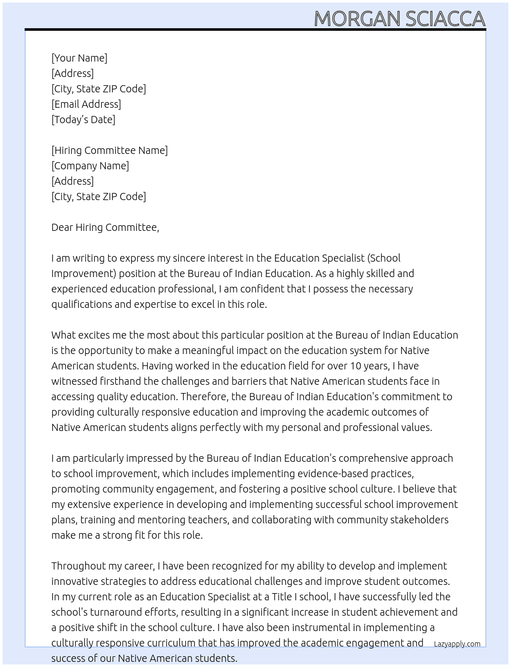 Education Specialist (School Improvement) At Bureau of Indian Education Cover Letter