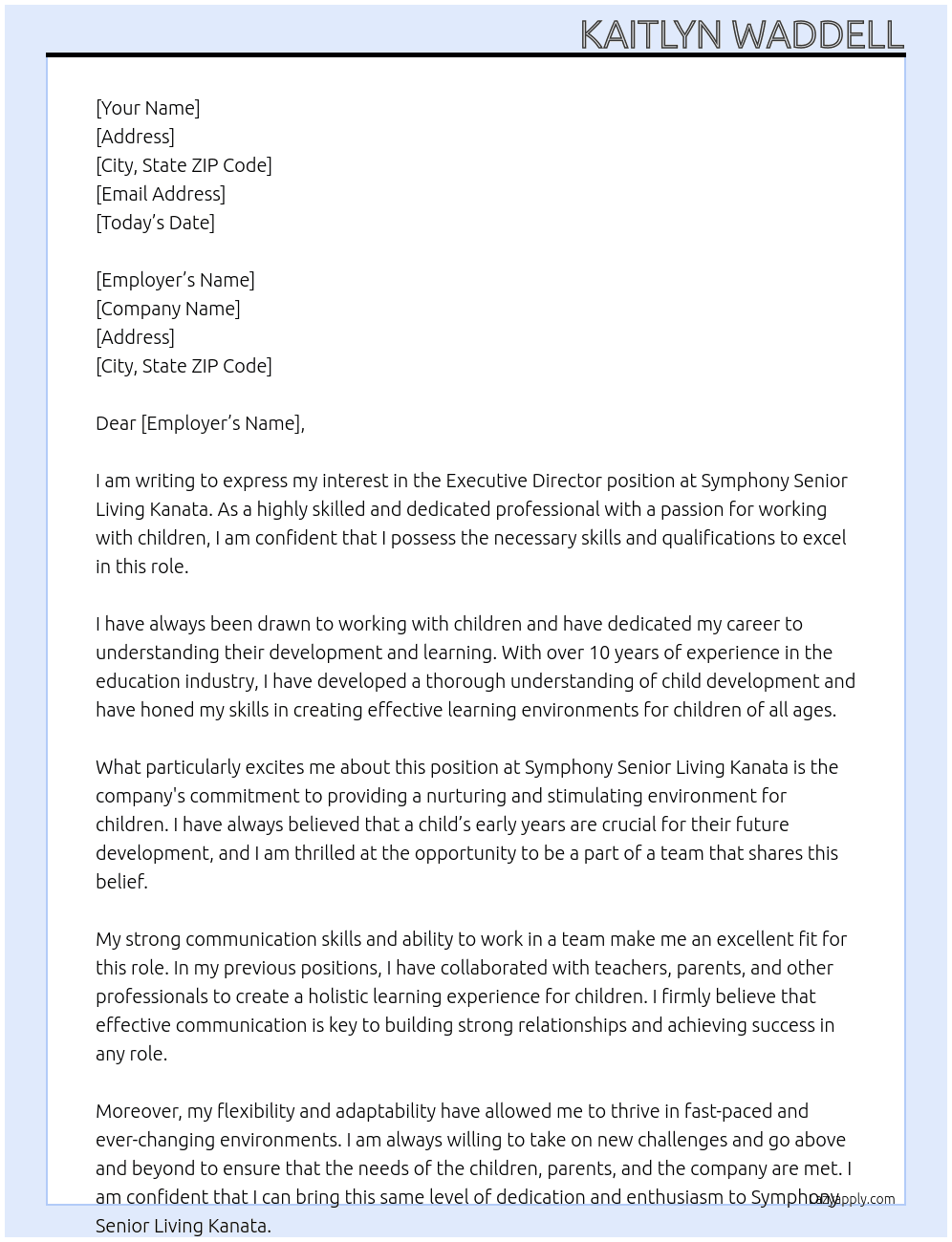 Executive Director At Symphony Senior Living Kanata Cover Letter