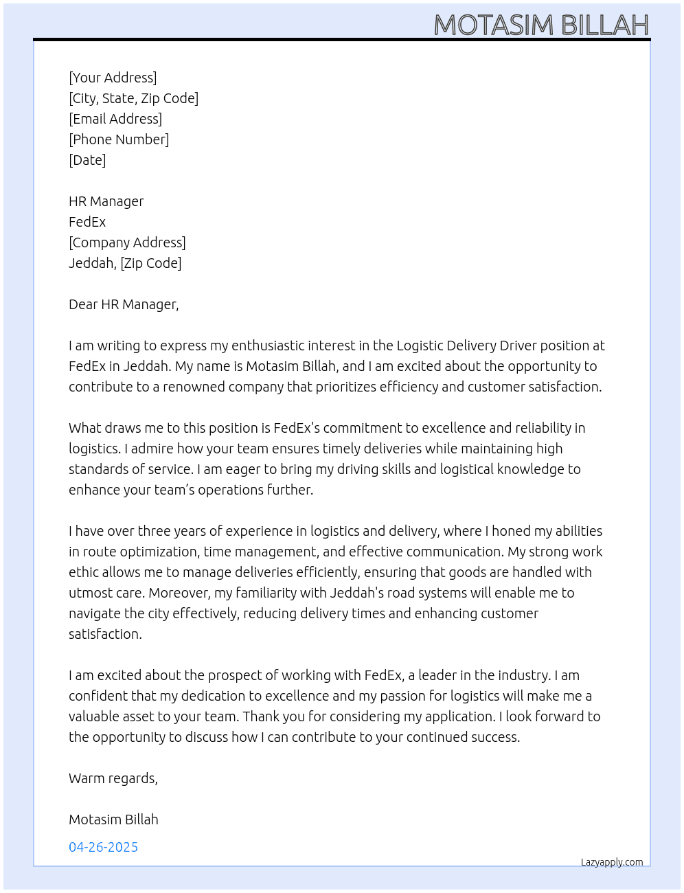 Logistic Delivery Driver  At FedEx  Cover Letter