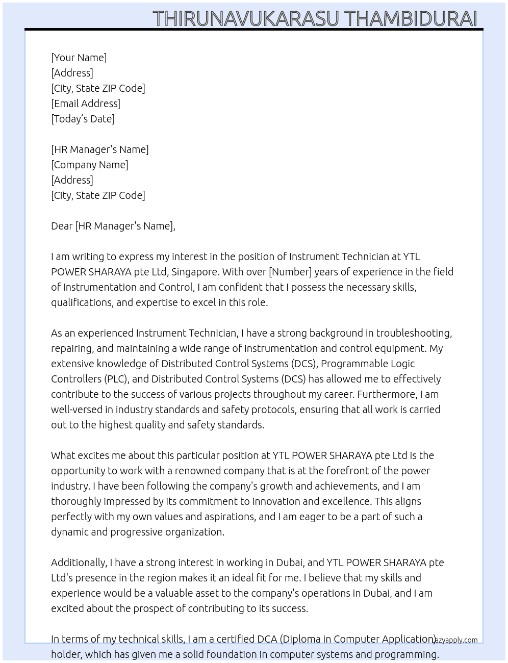 Instrument Technician  At YTL POWER SHARAYA pte Ltd, Singapore Cover Letter