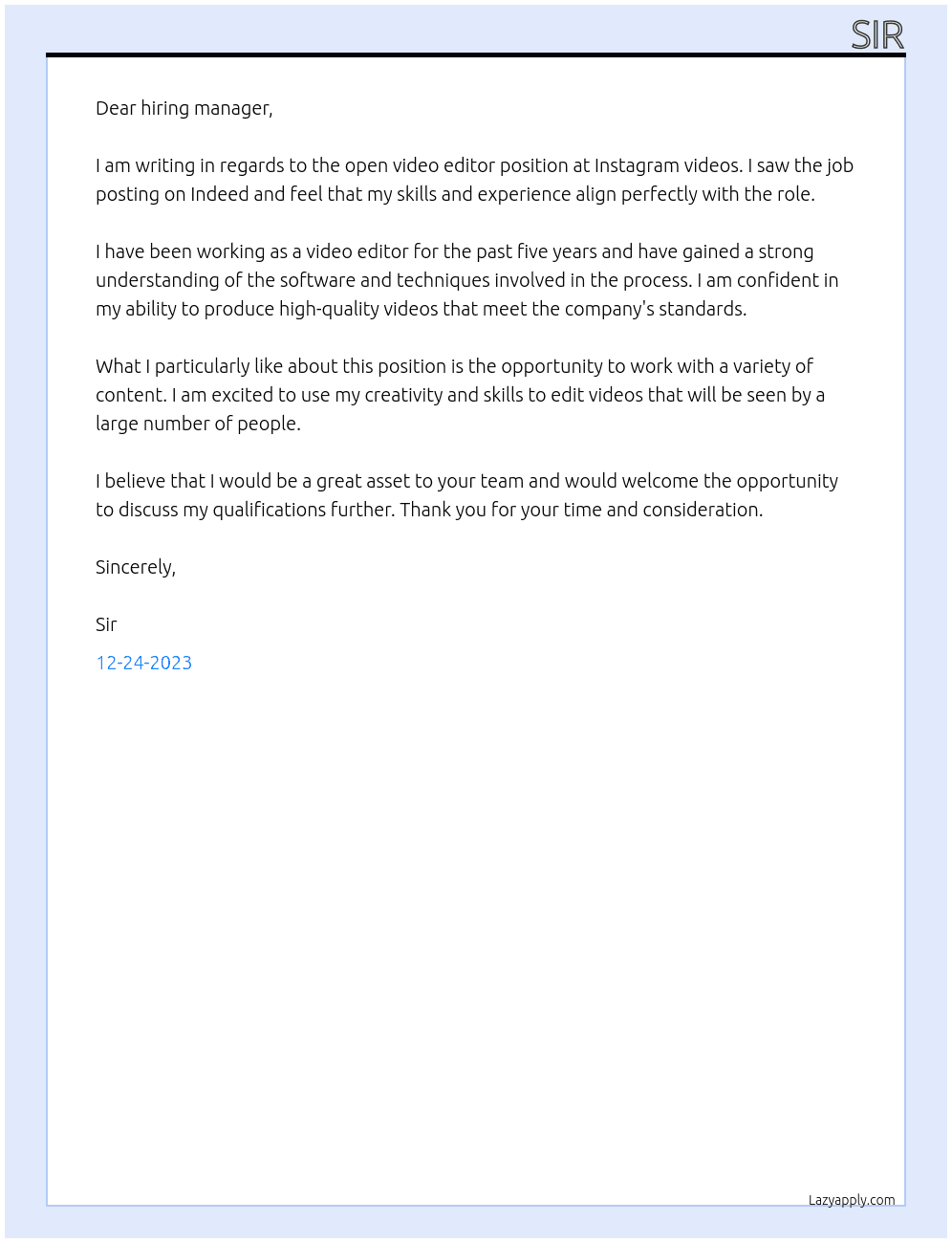 Video editor  At Instagram videos  Cover Letter