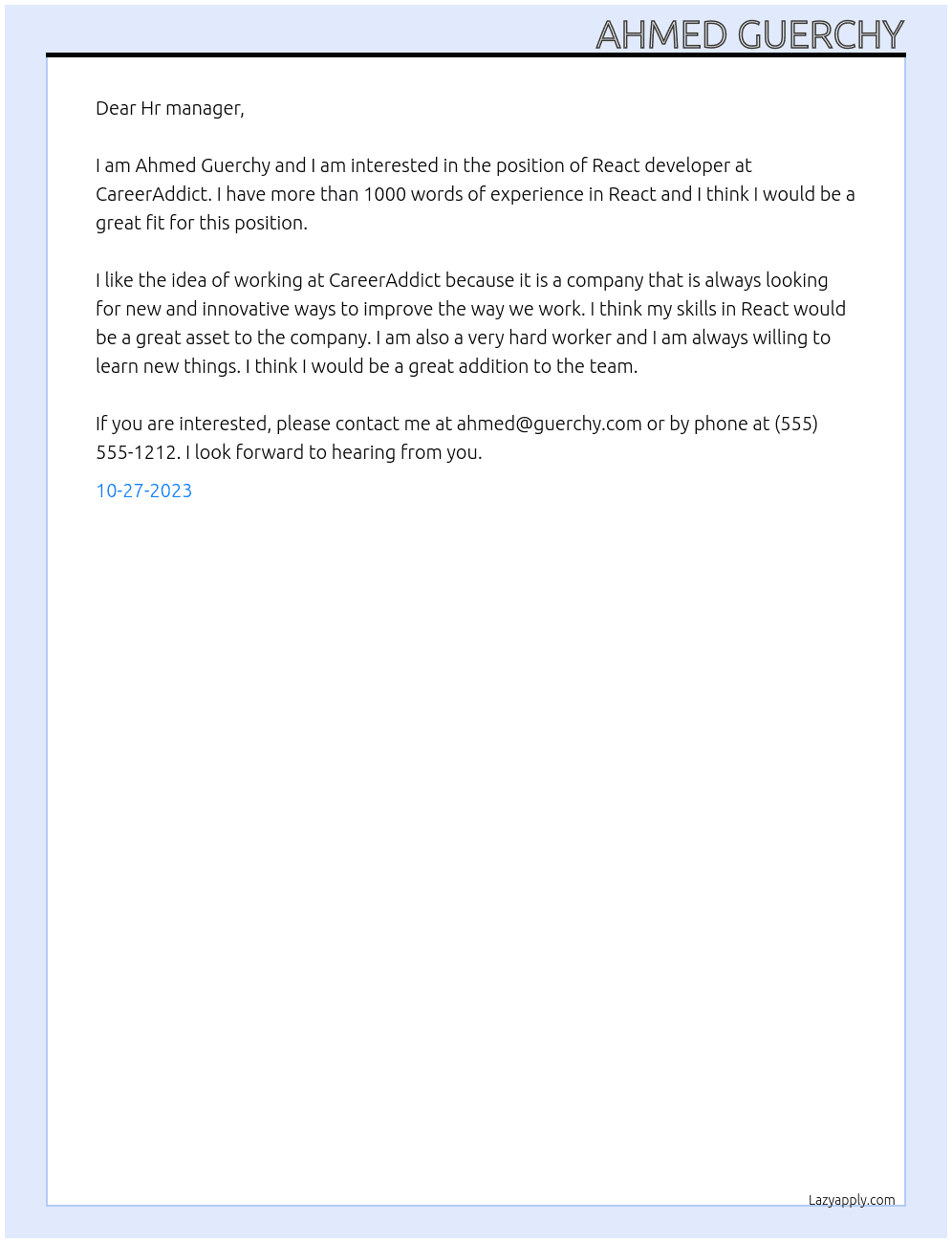 React developer At CareerAddict Cover Letter