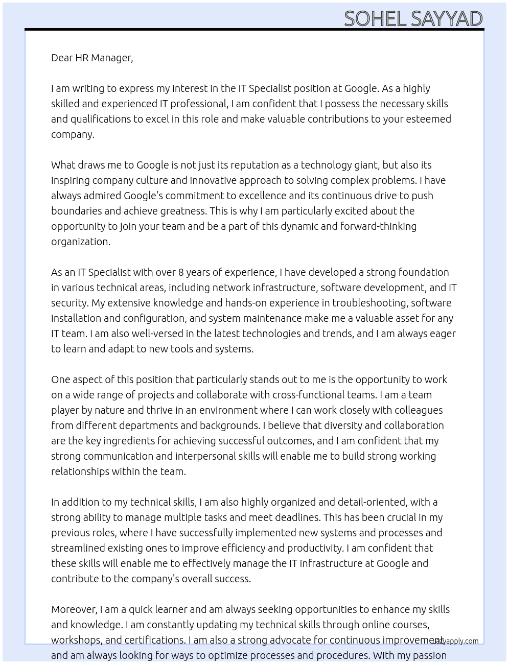 IT Specialist At Google Cover Letter
