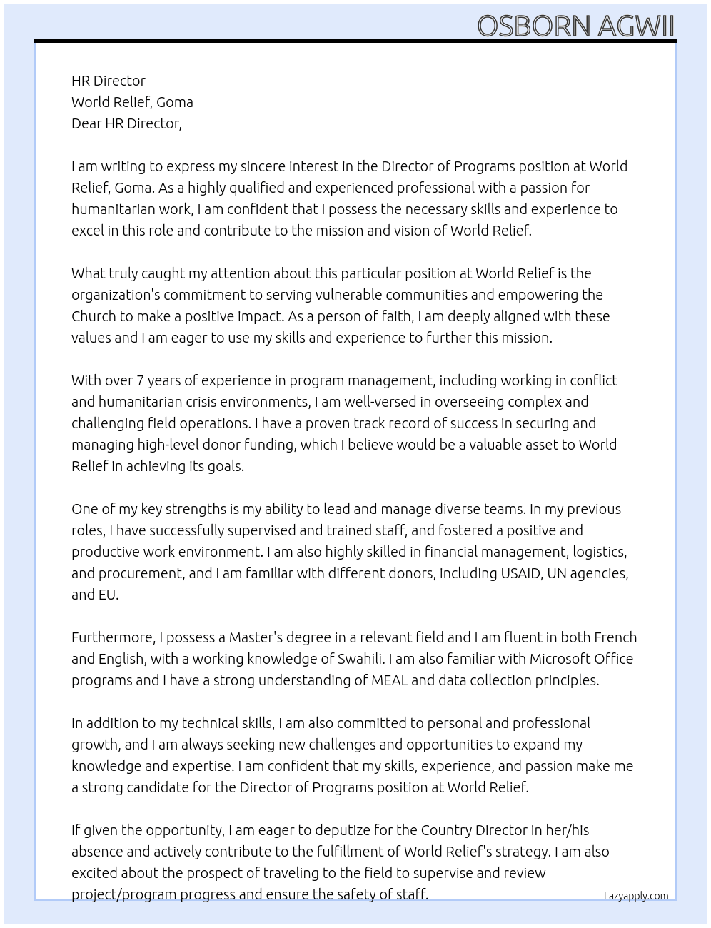 Director of Programs At World Relief, Goma Cover Letter