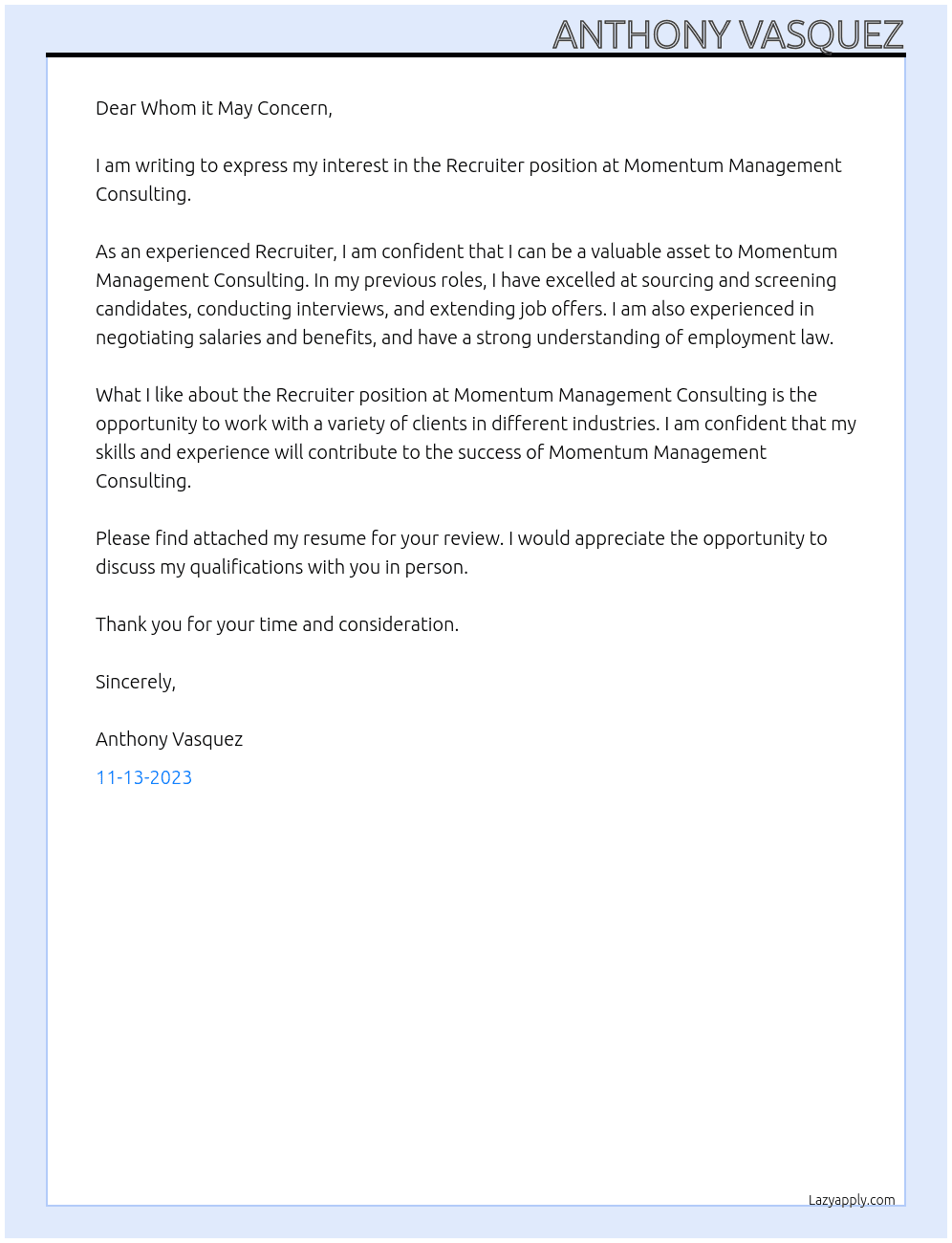 Recruiter At Momentum Management Consulting Cover Letter
